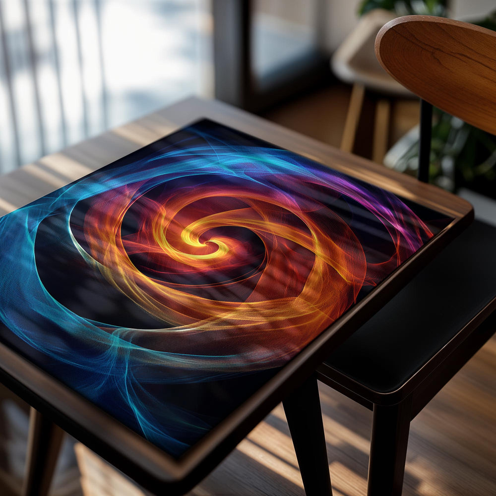 Colorful spiral design with blue, orange, and purple on a black background, as a premium aluminum metal print from GoMetalPrint.
