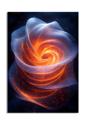 Artistic representation of a swirling galaxy with orange and blue colors on a dark background, as a premium aluminum metal print from GoMetalPrint.

