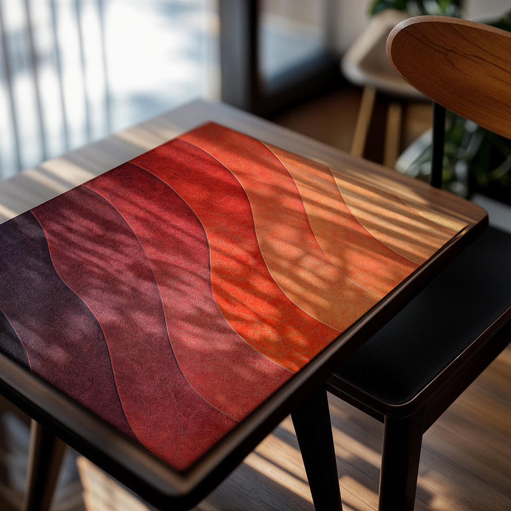 Abstract art print with wavy color patterns in red, orange, and purple on a white background, as a premium aluminum metal print from GoMetalPrint.
