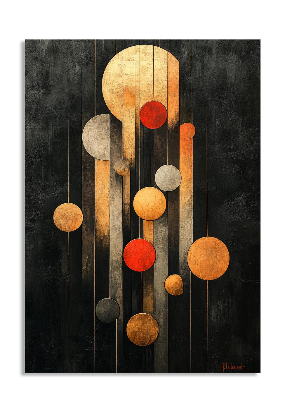 Abstract art piece with circular shapes in gold, red, and gray on a dark background, as a premium aluminum metal print from GoMetalPrint.

