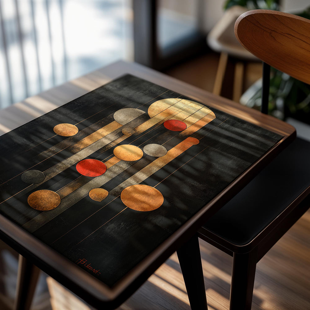 Abstract art piece with circular shapes in gold, red, and gray on a dark background, as a premium aluminum metal print from GoMetalPrint.
