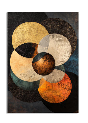 Abstract art print with interconnected circles in various colors on a dark background, as a premium aluminum metal print from GoMetalPrint.
