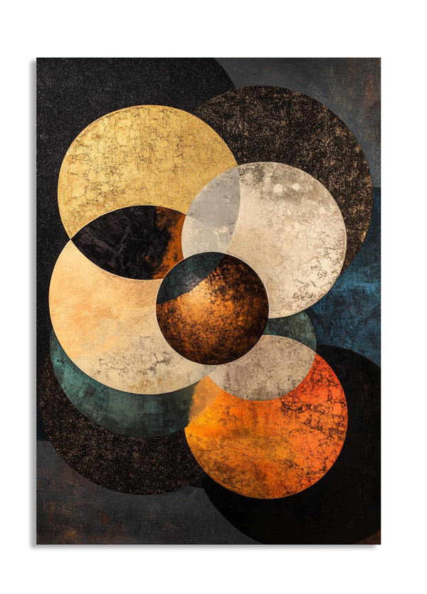 Abstract art print with interconnected circles in various colors on a dark background, as a premium aluminum metal print from GoMetalPrint.
