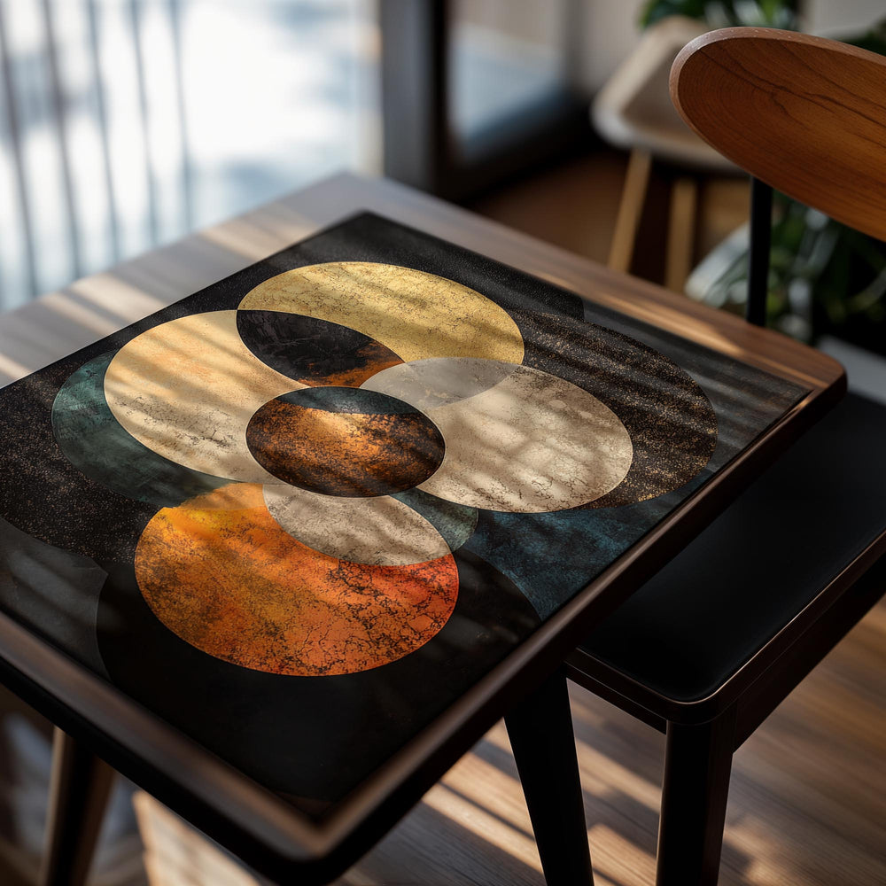 Abstract art print with interconnected circles in various colors on a dark background, as a premium aluminum metal print from GoMetalPrint.

