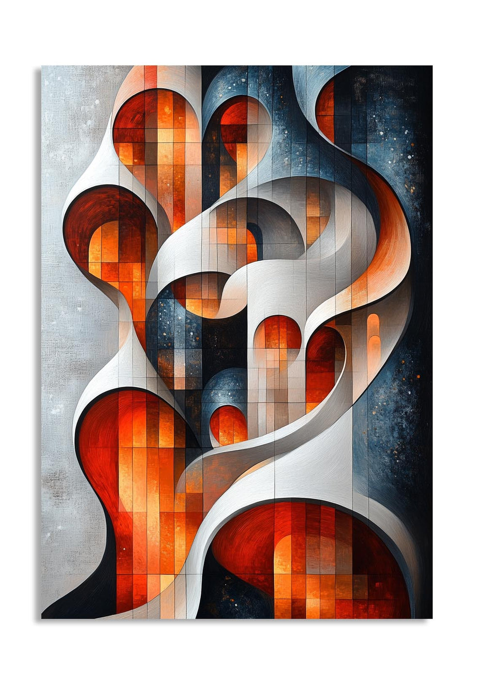 Abstract art piece with swirling patterns in orange, white, and black on a textured background, as a premium aluminum metal print from GoMetalPrint.
