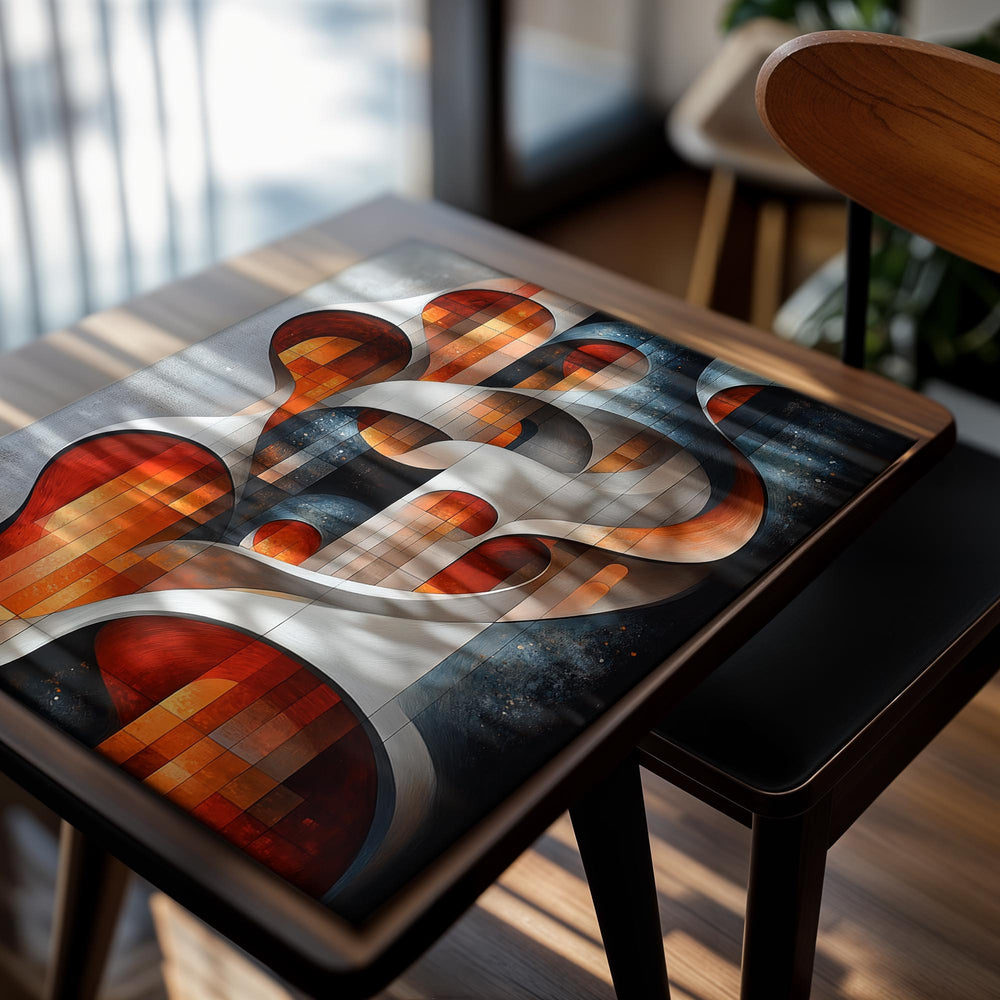 Abstract art piece with swirling patterns in orange, white, and black on a textured background, as a premium aluminum metal print from GoMetalPrint.
