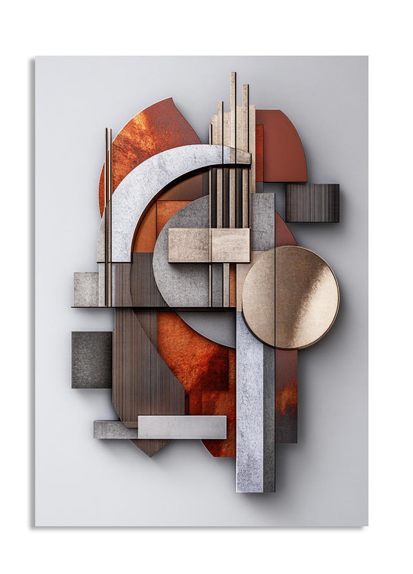 Abstract geometric wall art with brown, beige, and gray colors on a white background, as a premium aluminum metal print from GoMetalPrint.
