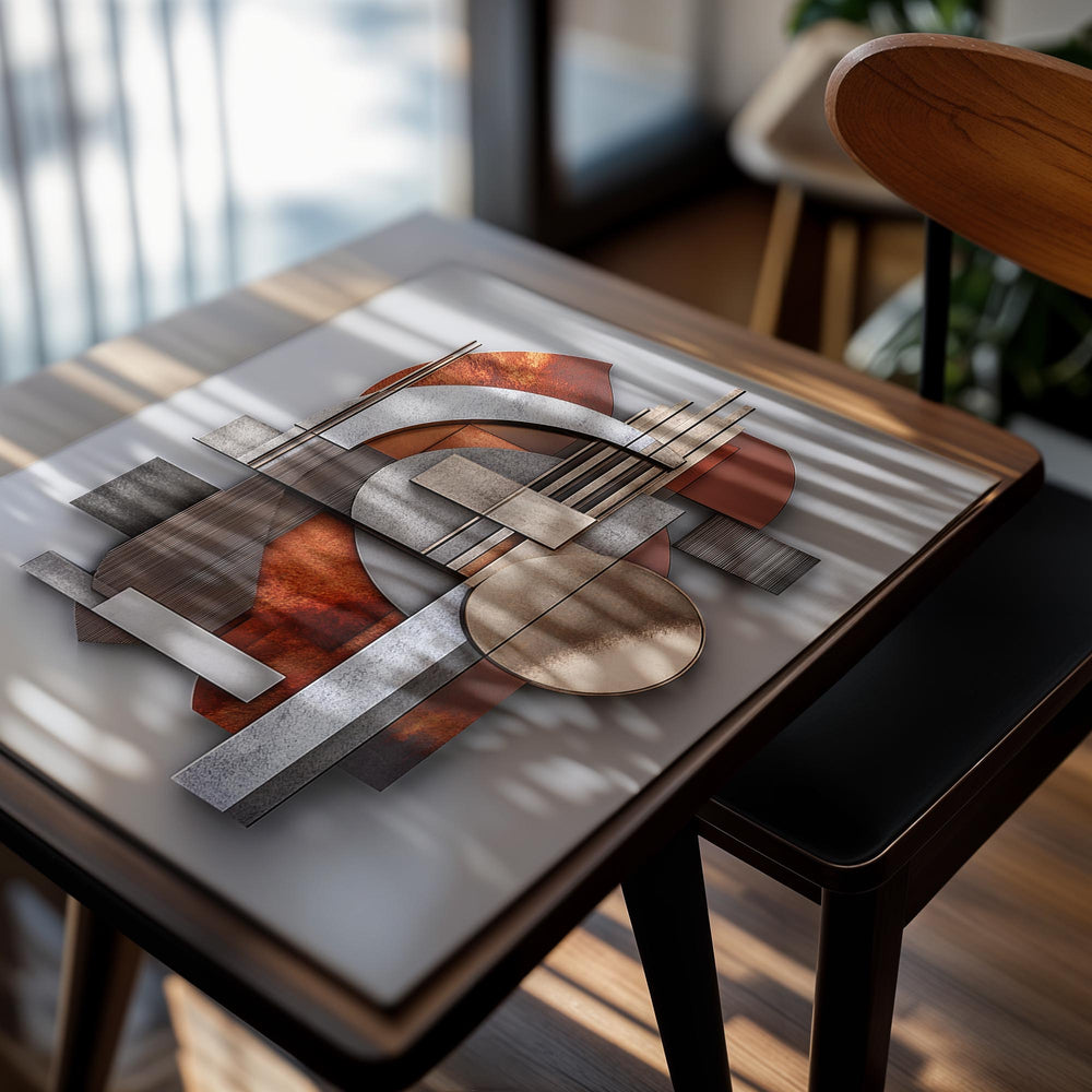 Abstract geometric wall art with brown, beige, and gray colors on a white background, as a premium aluminum metal print from GoMetalPrint.
