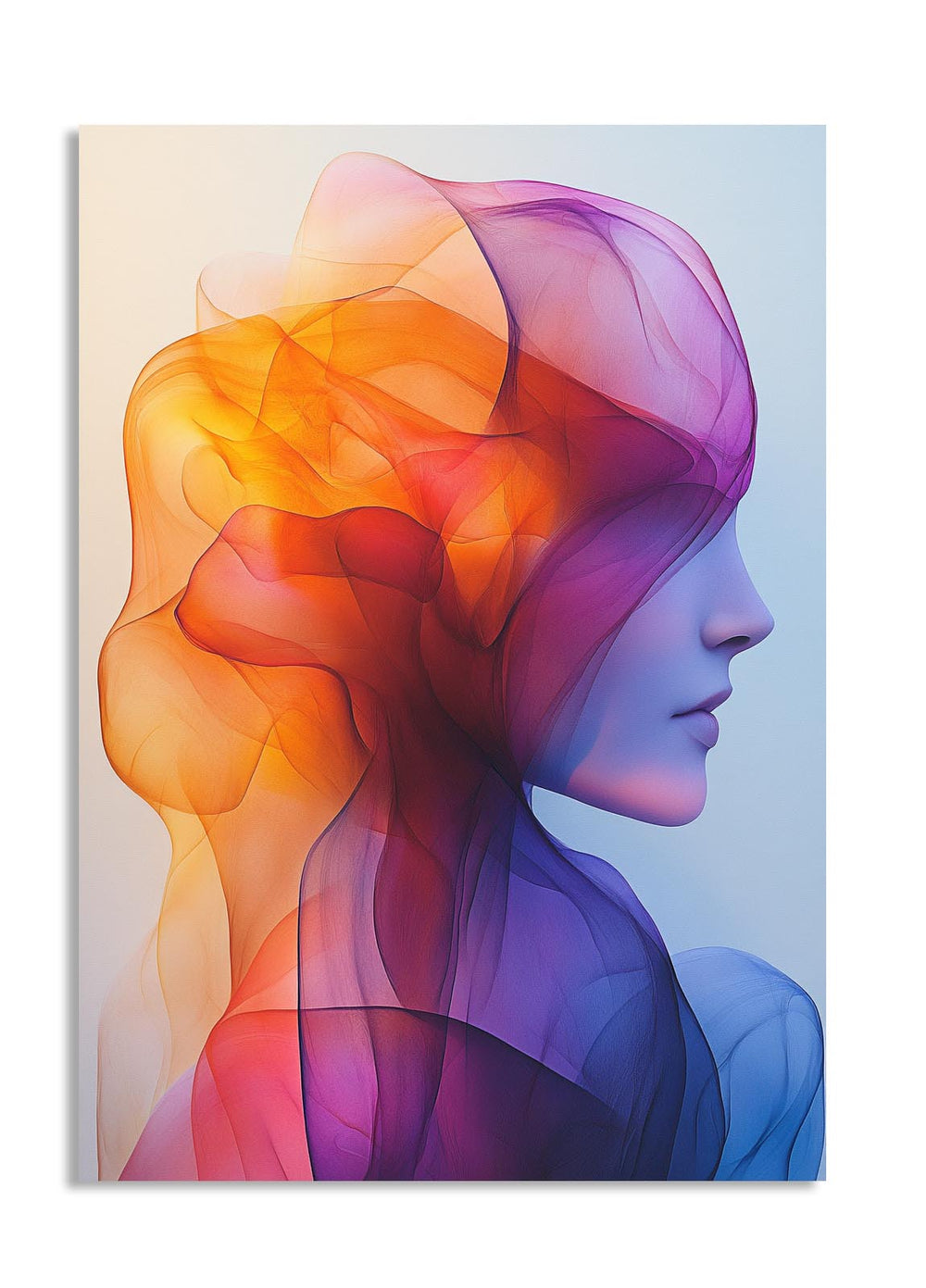 Colorful abstract art of a woman's profile on a white background, as a premium aluminum metal print from GoMetalPrint.
