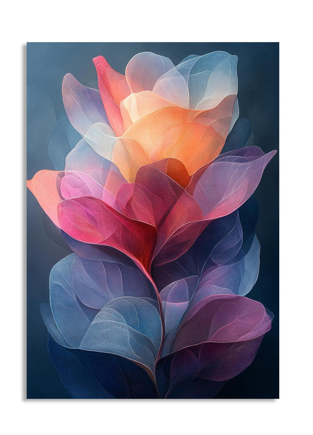 Colorful abstract flower design on a dark background, as a premium aluminum metal print from GoMetalPrint.
