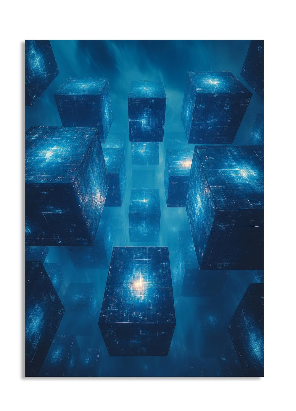 Blue geometric abstract art with reflective surfaces, as a premium aluminum metal print from GoMetalPrint.
