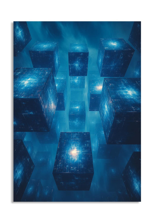 Blue geometric abstract art with reflective surfaces, as a premium aluminum metal print from GoMetalPrint.
