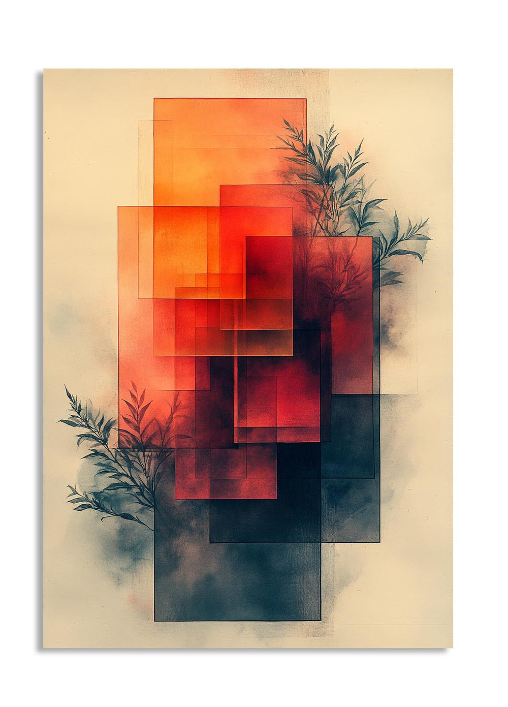 Abstract art piece with geometric shapes and plant elements on a beige background , as a premium aluminum metal print from GoMetalPrint.
