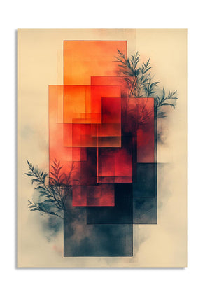 Abstract art piece with geometric shapes and plant elements on a beige background , as a premium aluminum metal print from GoMetalPrint.
