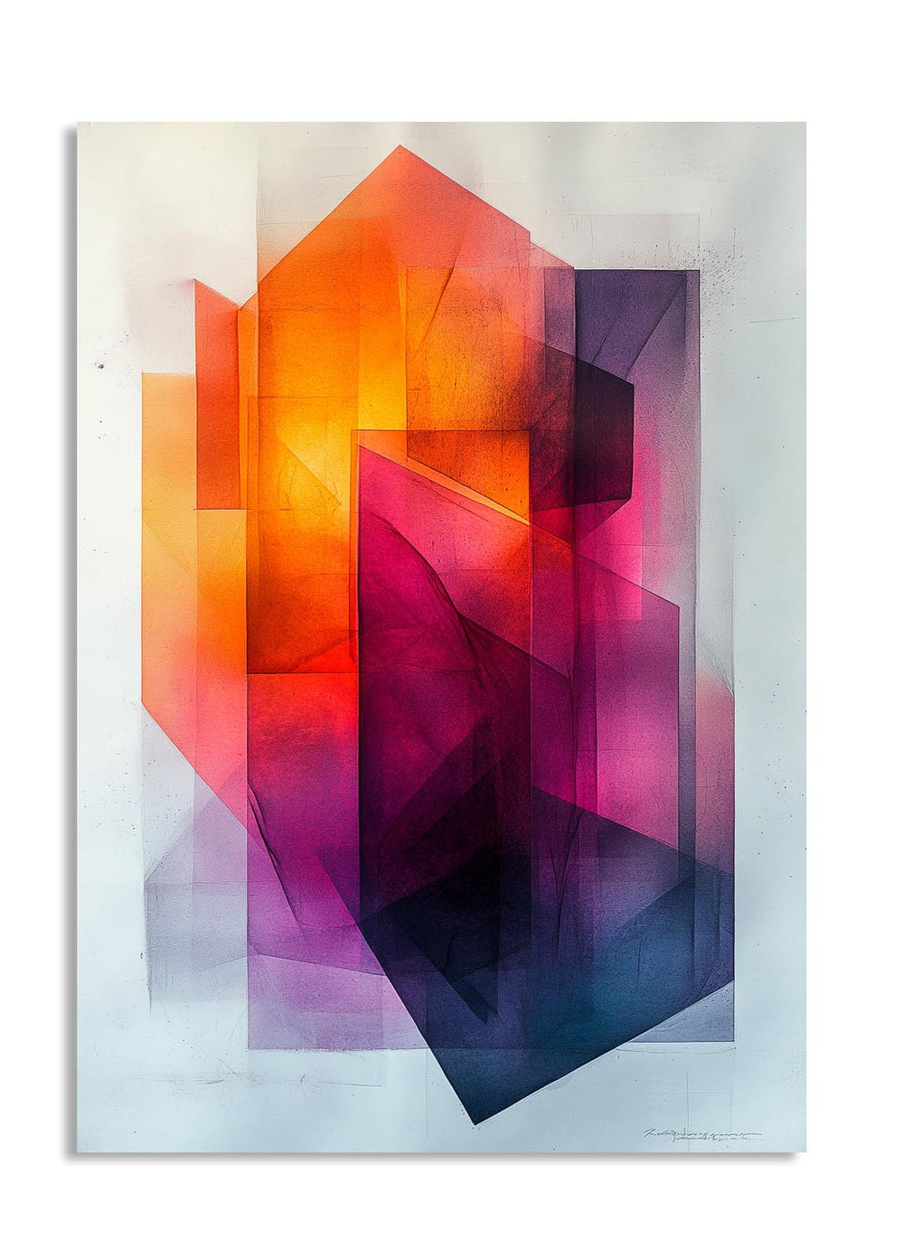 Abstract art print with geometric shapes in red, orange, and purple on a light background, as a premium aluminum metal print from GoMetalPrint.
