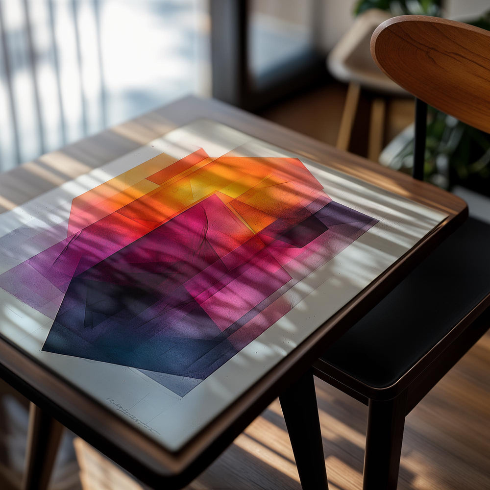 Abstract art print with geometric shapes in red, orange, and purple on a light background, as a premium aluminum metal print from GoMetalPrint.
