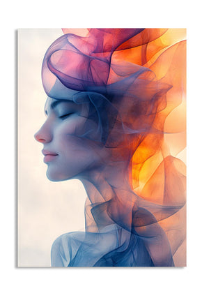 Artistic depiction of a woman's profile with colorful, flowing abstract design, as a premium aluminum metal print from GoMetalPrint.
