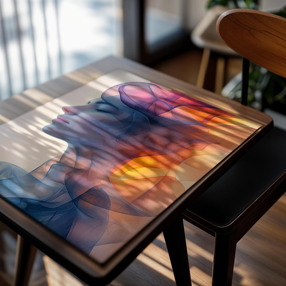 Artistic depiction of a woman's profile with colorful, flowing abstract design, as a premium aluminum metal print from GoMetalPrint.
