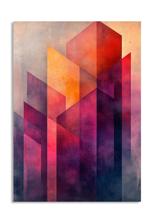 Abstract geometric art piece with red, orange, and purple colors on a white background, as a premium aluminum metal print from GoMetalPrint.
