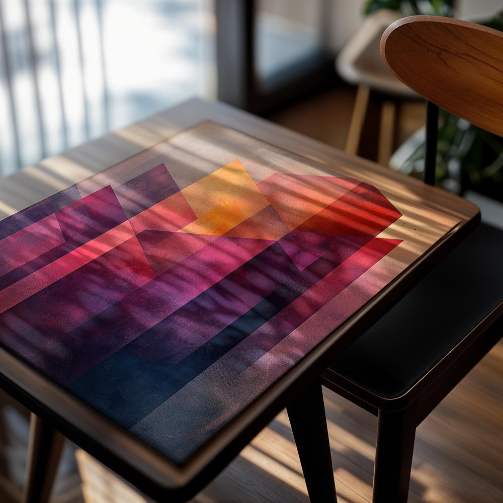 Abstract geometric art piece with red, orange, and purple colors on a white background, as a premium aluminum metal print from GoMetalPrint.
