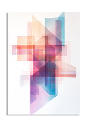 Abstract geometric design with colorful shapes on a white background, as a premium aluminum metal print from GoMetalPrint.
