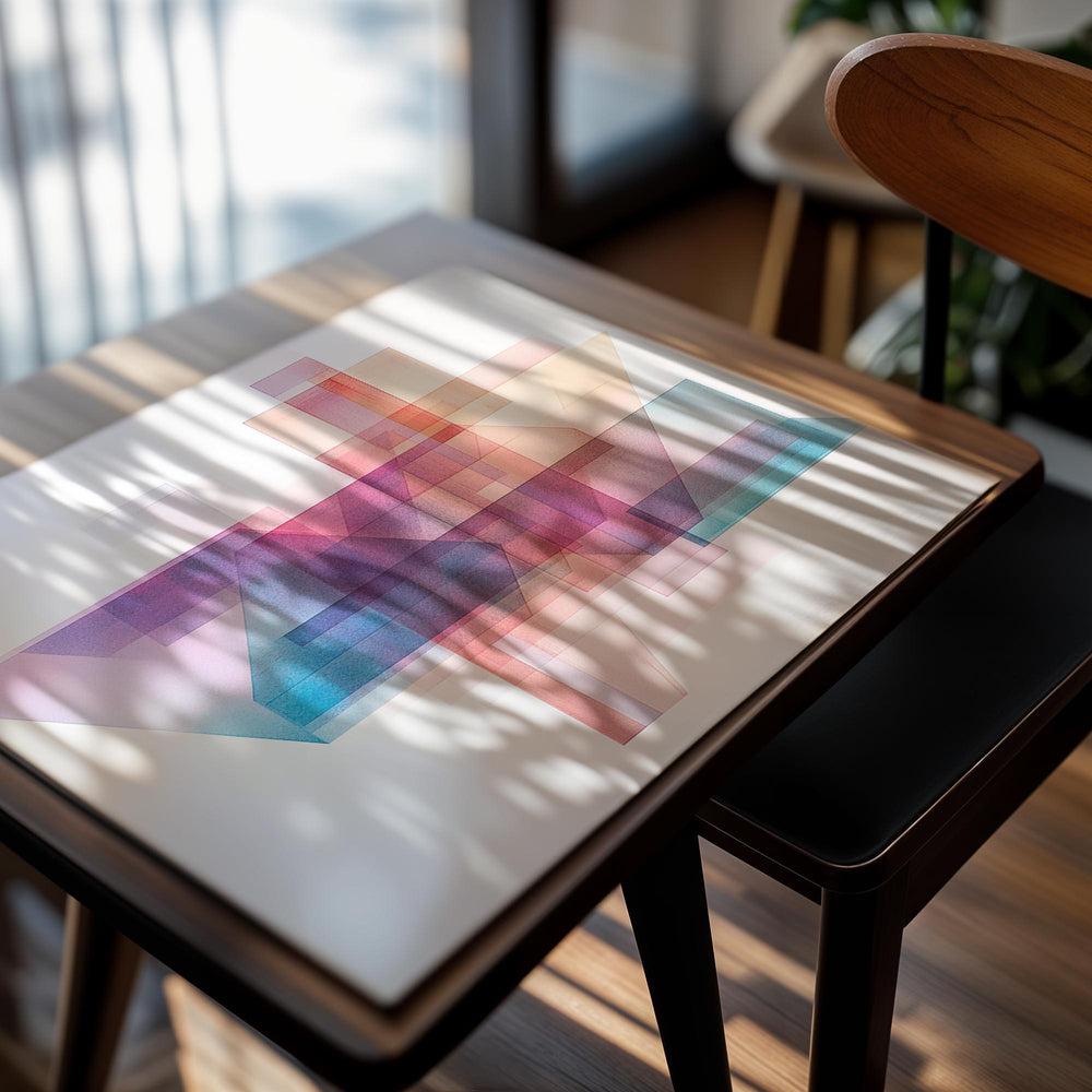 Abstract geometric design with colorful shapes on a white background, as a premium aluminum metal print from GoMetalPrint.
