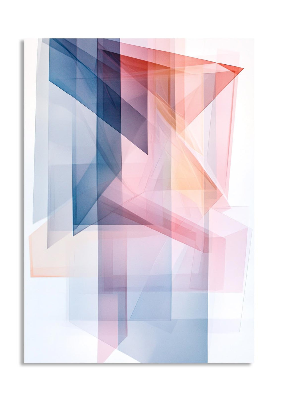 Abstract geometric design with colorful triangles on a white background, as a premium aluminum metal print from GoMetalPrint.
