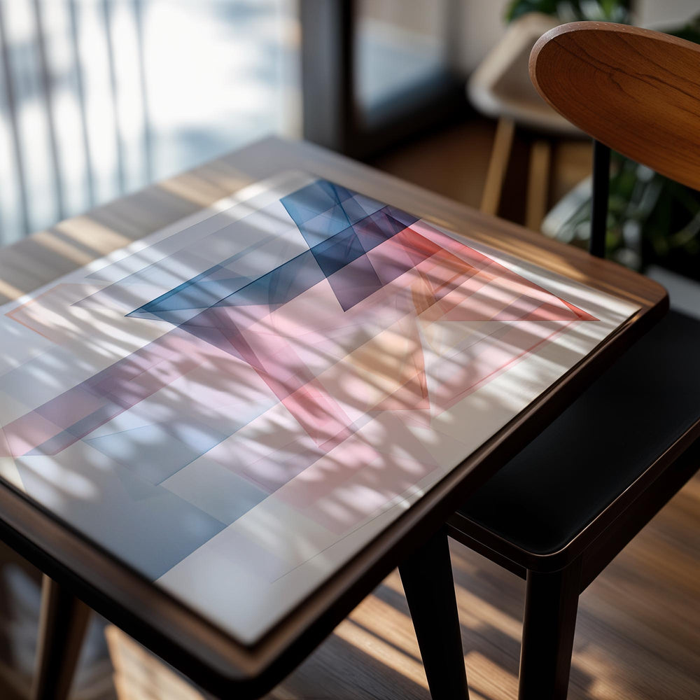 Abstract geometric design with colorful triangles on a white background, as a premium aluminum metal print from GoMetalPrint.
