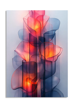 Abstract art print with colorful, wavy shapes on a light gray background, as a premium aluminum metal print from GoMetalPrint.
