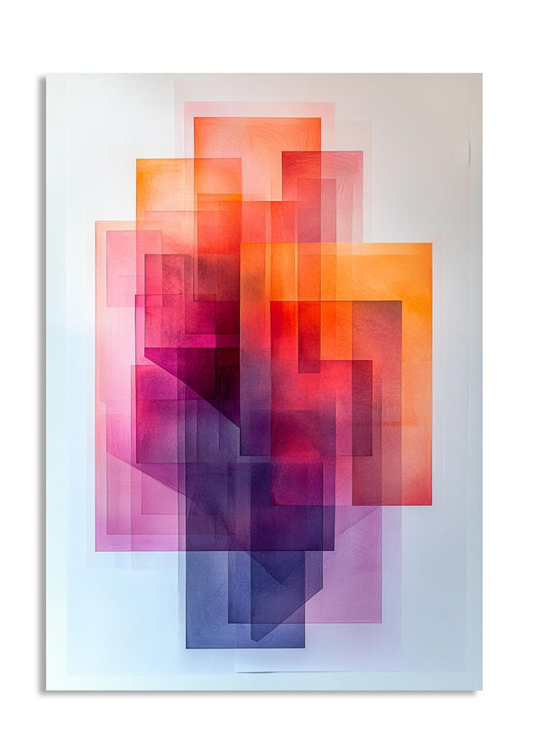 Abstract art print with geometric shapes in red, orange, and purple on a light blue background, as a premium aluminum metal print from GoMetalPrint.
