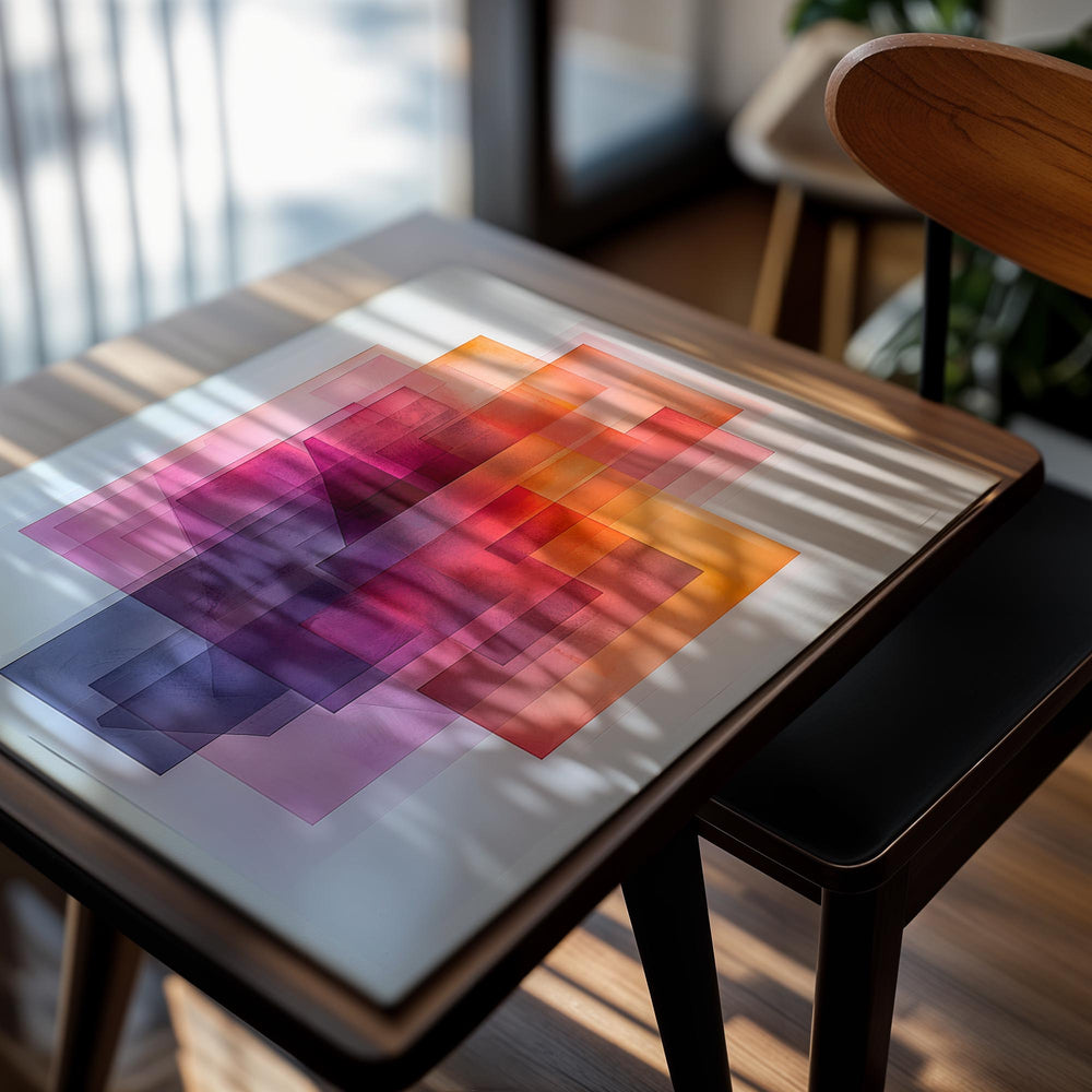 Abstract art print with geometric shapes in red, orange, and purple on a light blue background, as a premium aluminum metal print from GoMetalPrint.
