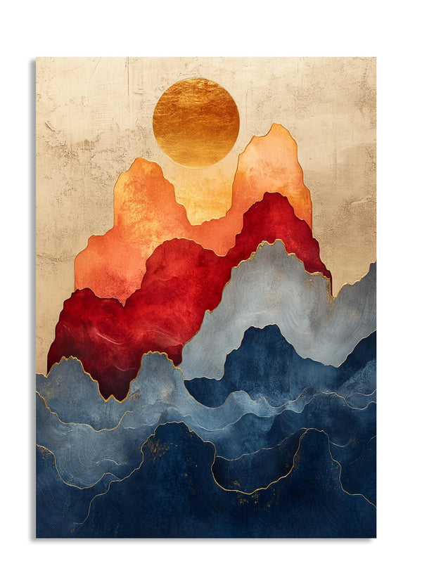 Abstract mountain landscape with red, orange, and blue colors on a beige background, as a premium aluminum metal print from GoMetalPrint.
