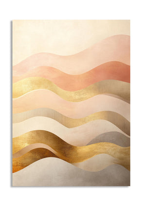 Abstract art print with wavy lines in gold, beige, and brown on a light background, as a premium aluminum metal print from GoMetalPrint.
