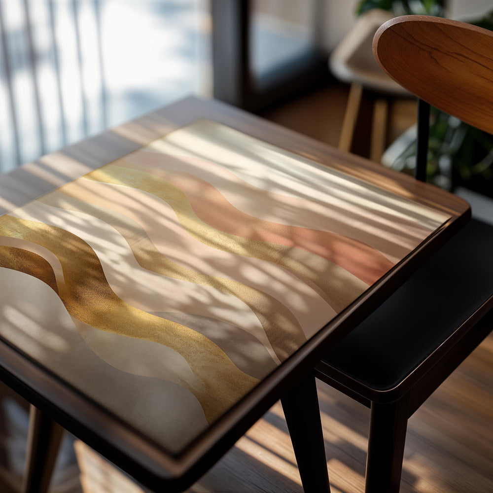 Abstract art print with wavy lines in gold, beige, and brown on a light background, as a premium aluminum metal print from GoMetalPrint.
