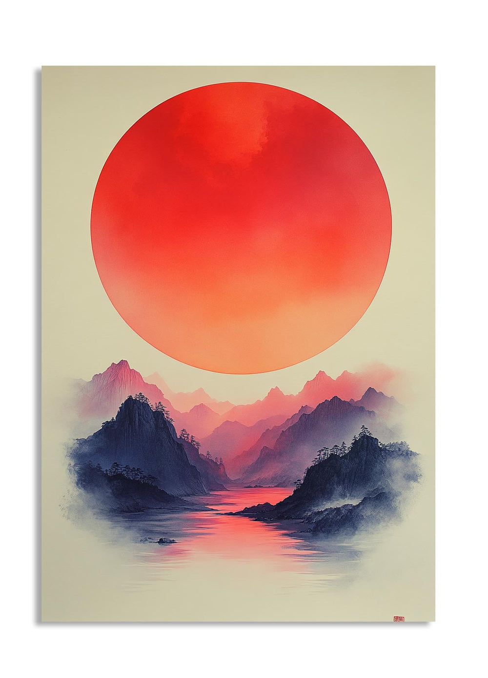 Surreal landscape with a large red sun over mountains and water on a beige background, as a premium aluminum metal print from GoMetalPrint.
