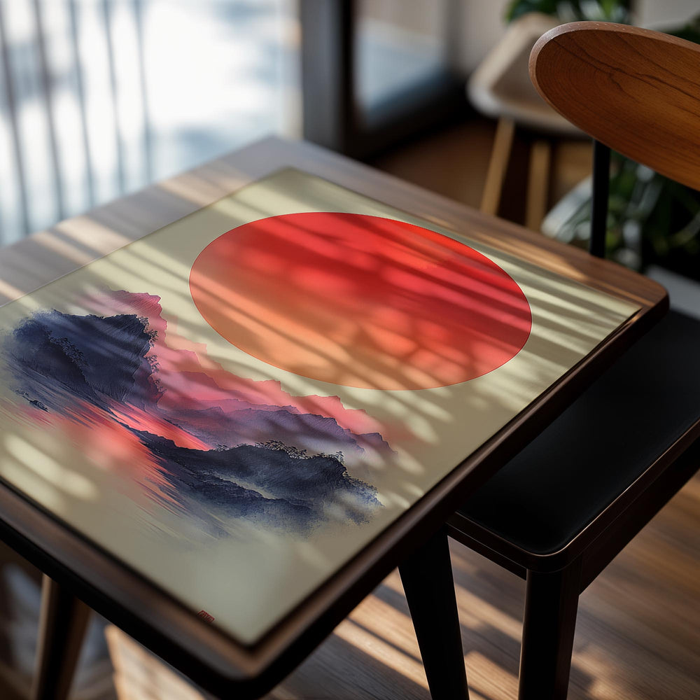 Surreal landscape with a large red sun over mountains and water on a beige background, as a premium aluminum metal print from GoMetalPrint.
