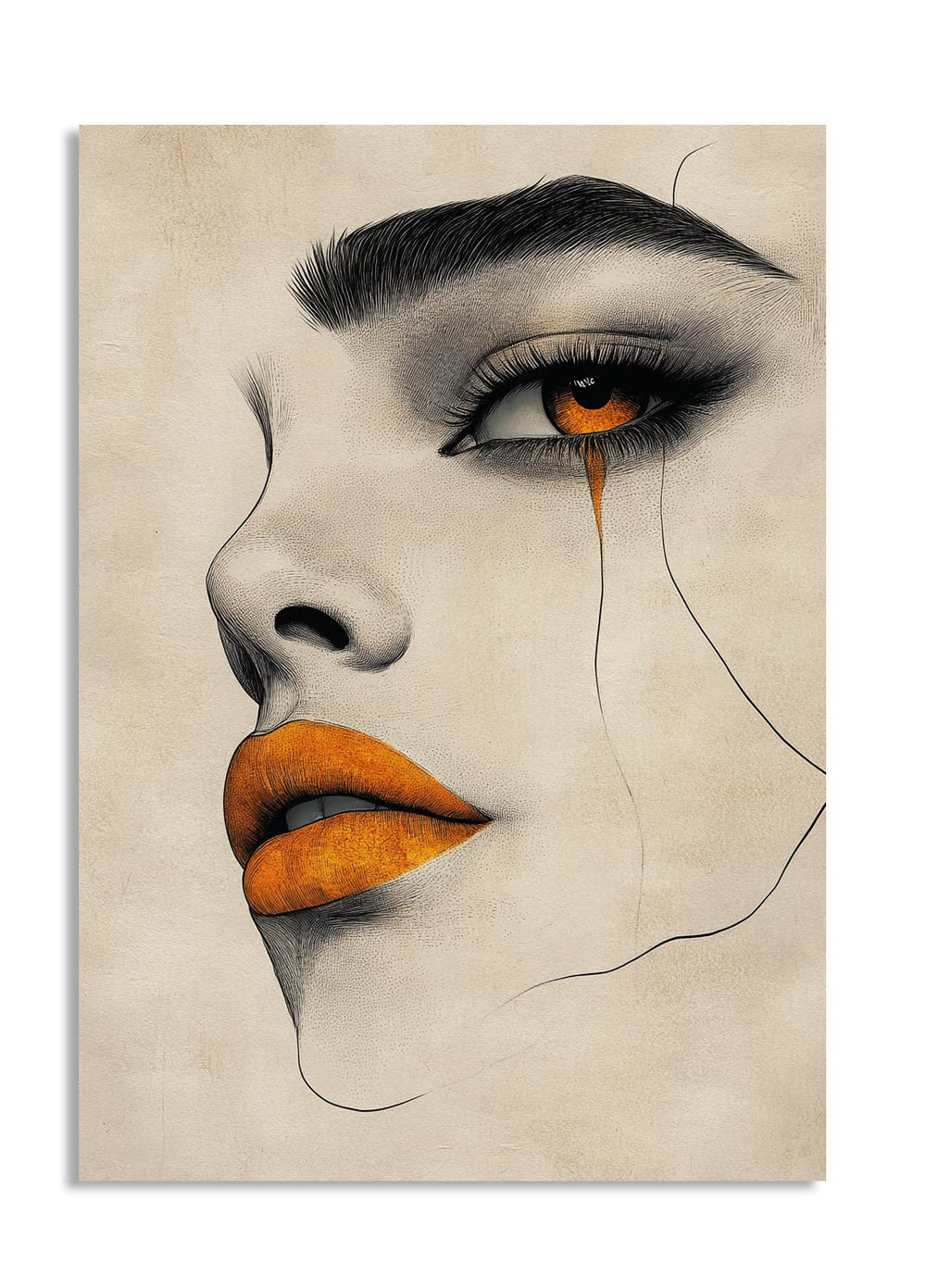 Artistic depiction of a woman's face with orange lips and a tear, on a beige background, as a premium aluminum metal print from GoMetalPrint.
