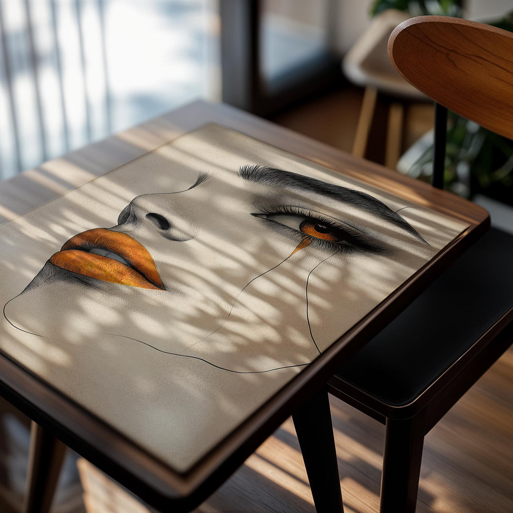 Artistic depiction of a woman's face with orange lips and a tear, on a beige background, as a premium aluminum metal print from GoMetalPrint.
