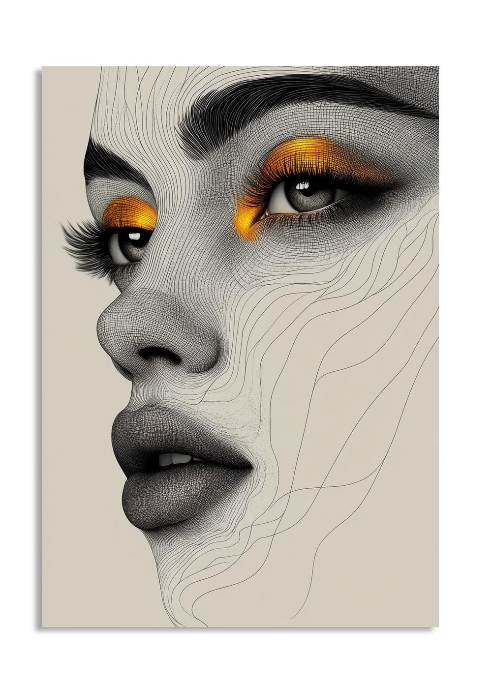 Artistic depiction of a woman's face with geometric lines and orange eyeshadow on a beige background, as a premium aluminum metal print from GoMetalPrint.
