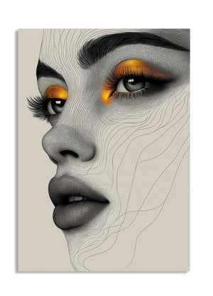 Artistic depiction of a woman's face with geometric lines and orange eyeshadow on a beige background, as a premium aluminum metal print from GoMetalPrint.
