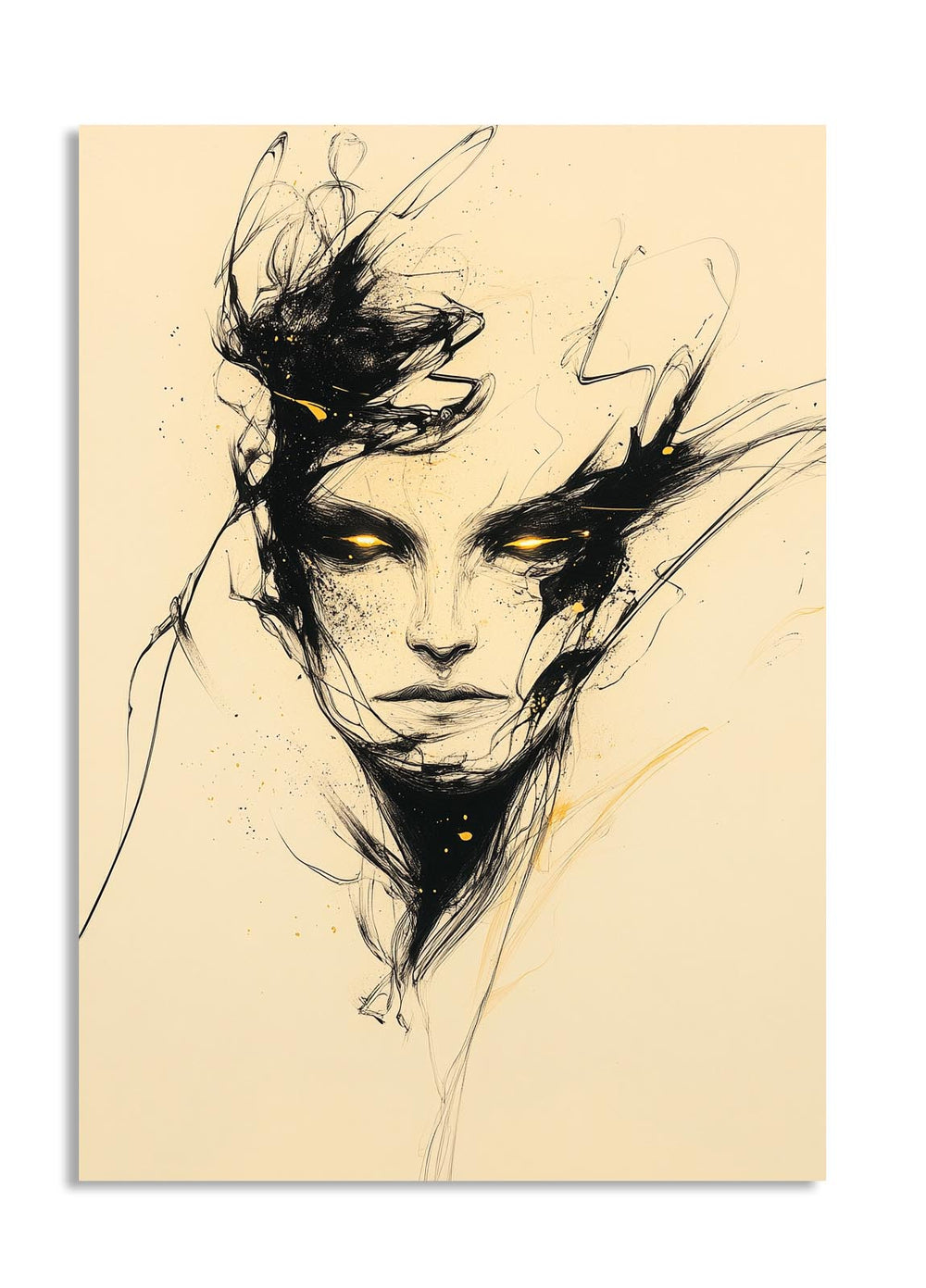 Abstract artistic depiction of a face with black and white lines on a beige background, as a premium aluminum metal print from GoMetalPrint.
