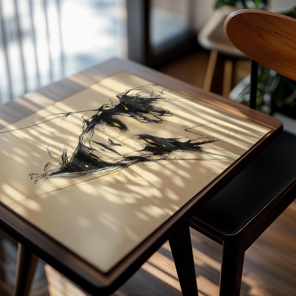 Abstract artistic depiction of a face with black and white lines on a beige background, as a premium aluminum metal print from GoMetalPrint.
