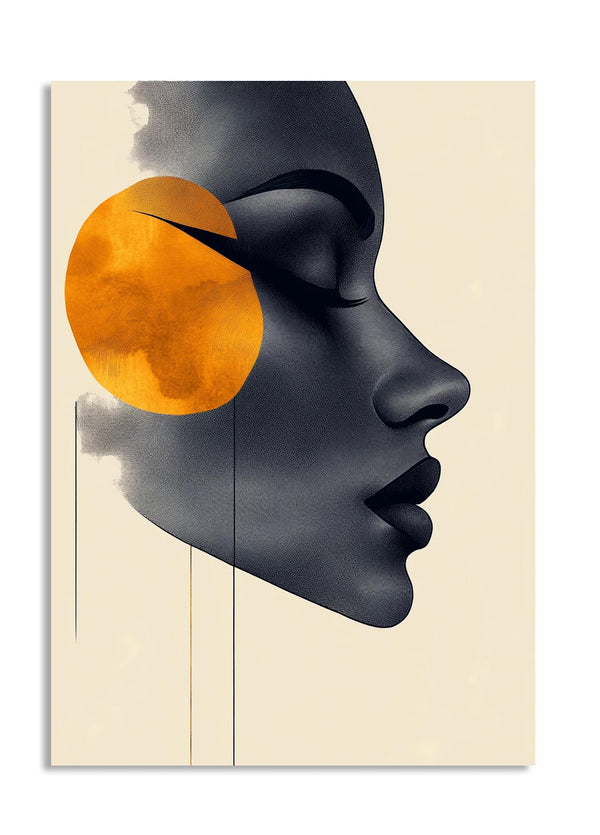 Artistic depiction of a face with an orange circle on a beige background, as a premium aluminum metal print from GoMetalPrint.
