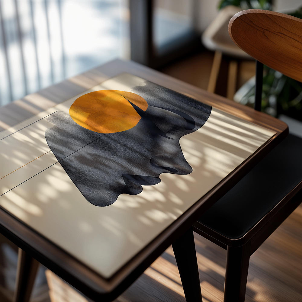 Artistic depiction of a face with an orange circle on a beige background, as a premium aluminum metal print from GoMetalPrint.
