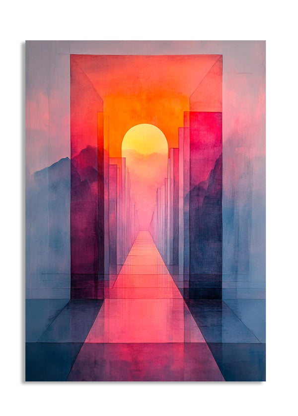 Artistic depiction of a sun rising over a mountain range with a colorful, abstract design, as a premium aluminum metal print from GoMetalPrint.
