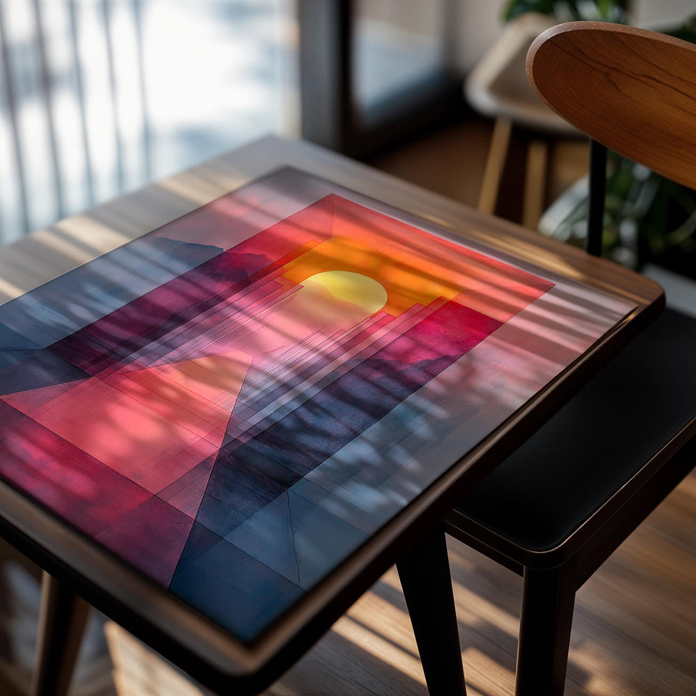 Artistic depiction of a sun rising over a mountain range with a colorful, abstract design, as a premium aluminum metal print from GoMetalPrint.
