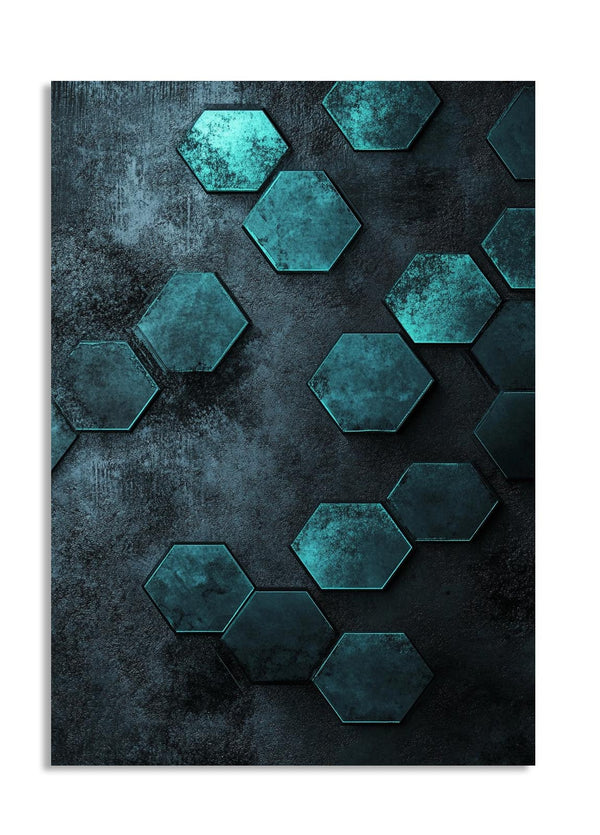 Hexagonal tiles in teal on a textured dark background, as a premium aluminum metal print from GoMetalPrint.
