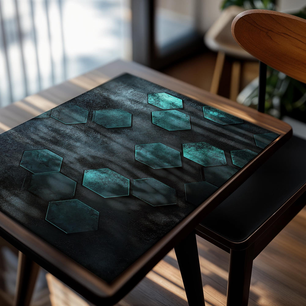 Hexagonal tiles in teal on a textured dark background, as a premium aluminum metal print from GoMetalPrint.
