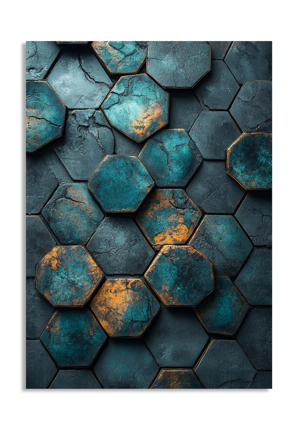 Hexagonal stone tiles with a blue and bronze color scheme on a white background, as a premium aluminum metal print from GoMetalPrint.
