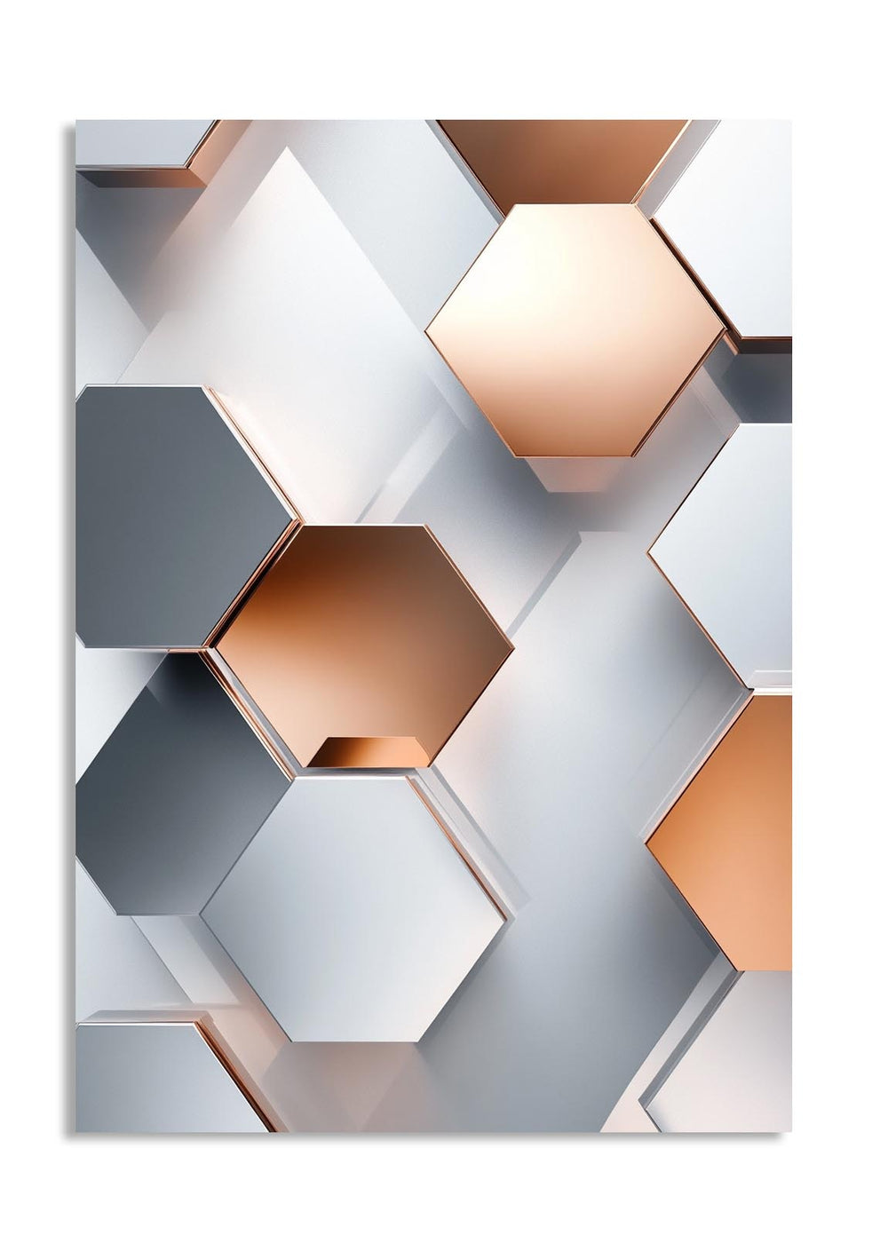 Geometric wall art with hexagonal shapes in metallic colors on a white background, as a premium aluminum metal print from GoMetalPrint.

